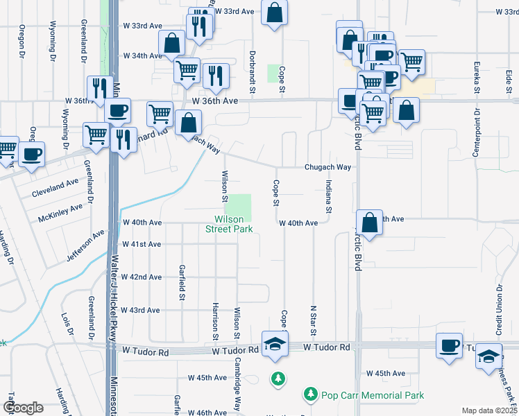 map of restaurants, bars, coffee shops, grocery stores, and more near 3938 Cope Street in Anchorage