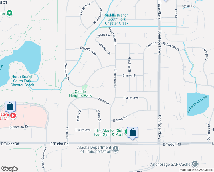 map of restaurants, bars, coffee shops, grocery stores, and more near 3930 Checkmate Drive in Anchorage
