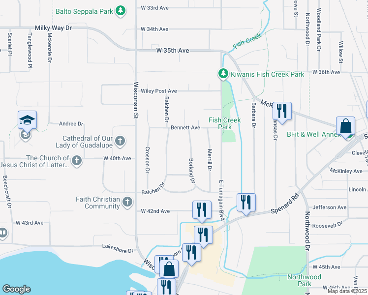 map of restaurants, bars, coffee shops, grocery stores, and more near 3934 Borland Drive in Anchorage