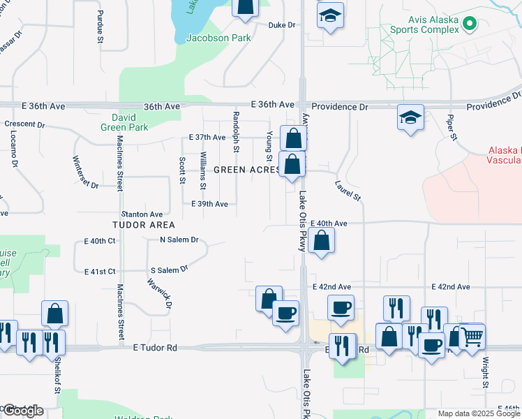 map of restaurants, bars, coffee shops, grocery stores, and more near 3910 Young St in Anchorage