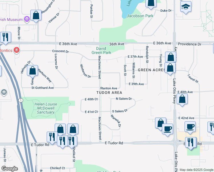 map of restaurants, bars, coffee shops, grocery stores, and more near 3911 Dunsmuir Ct in Anchorage
