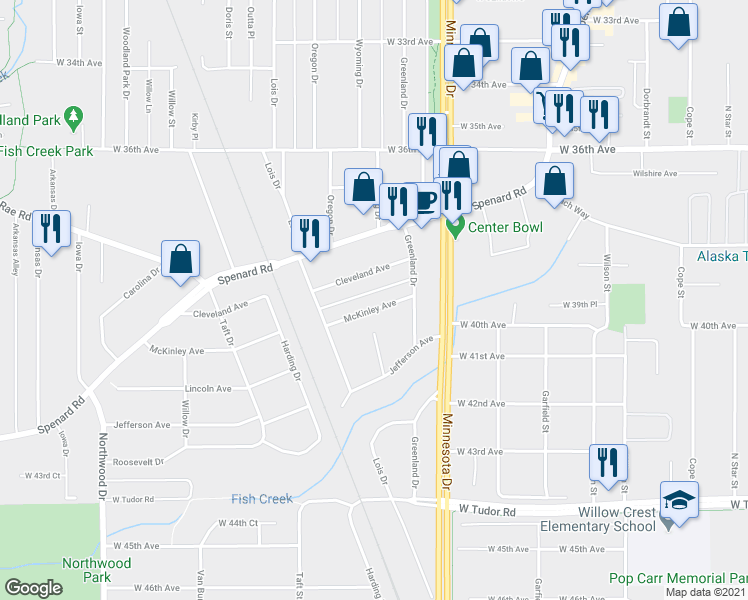 map of restaurants, bars, coffee shops, grocery stores, and more near 1805 McKinley Avenue in Anchorage
