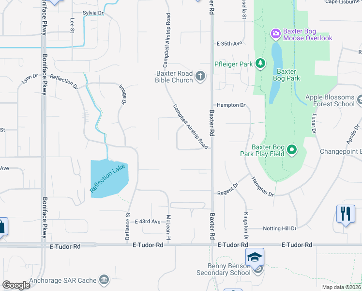 map of restaurants, bars, coffee shops, grocery stores, and more near 3961 Eastwood Court in Anchorage