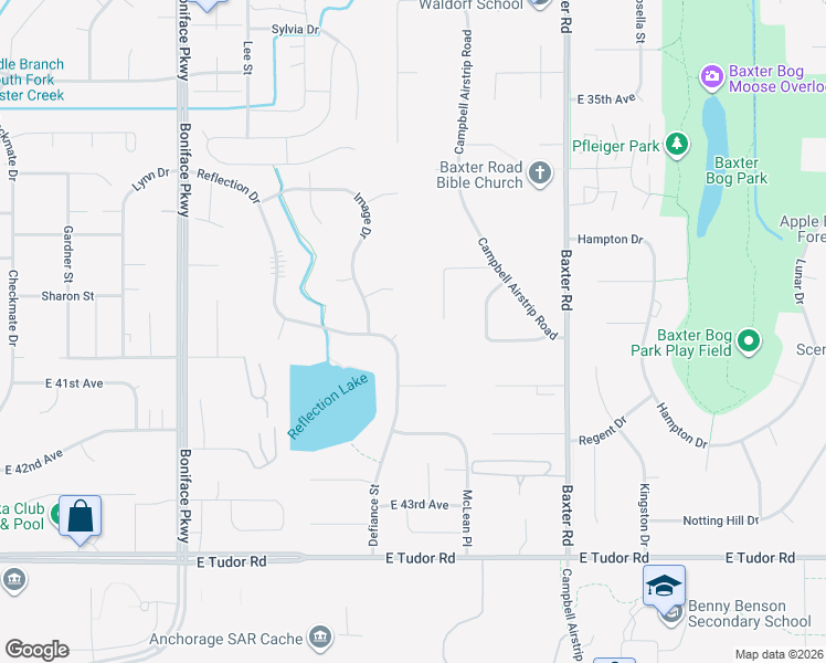 map of restaurants, bars, coffee shops, grocery stores, and more near 3973 Defiance Street in Anchorage