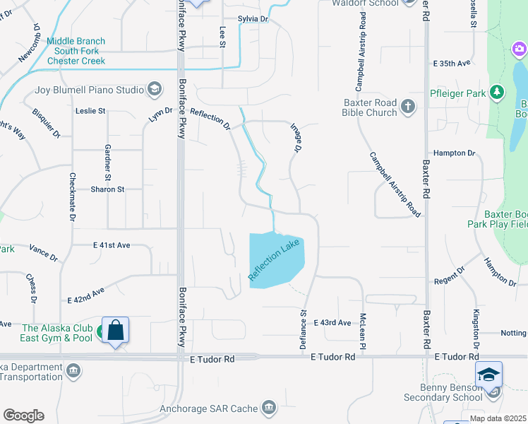 map of restaurants, bars, coffee shops, grocery stores, and more near 3926 Reflection Drive in Anchorage