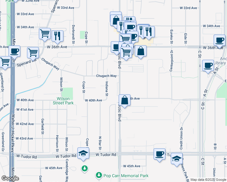 map of restaurants, bars, coffee shops, grocery stores, and more near 3838 Indiana Street in Anchorage