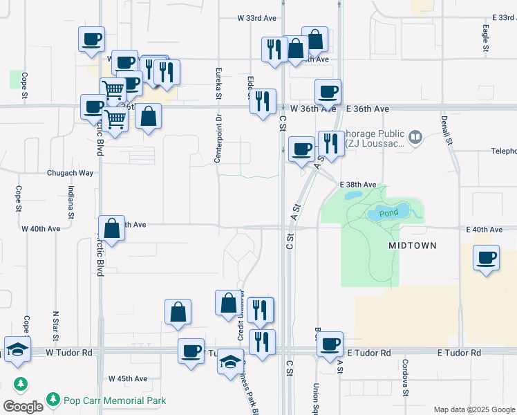 map of restaurants, bars, coffee shops, grocery stores, and more near in Anchorage