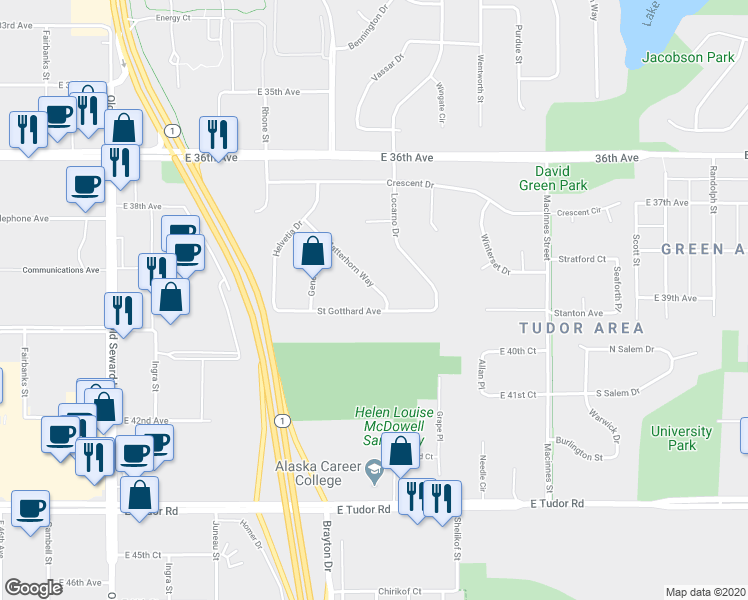 map of restaurants, bars, coffee shops, grocery stores, and more near 1436 Matterhorn Way in Anchorage