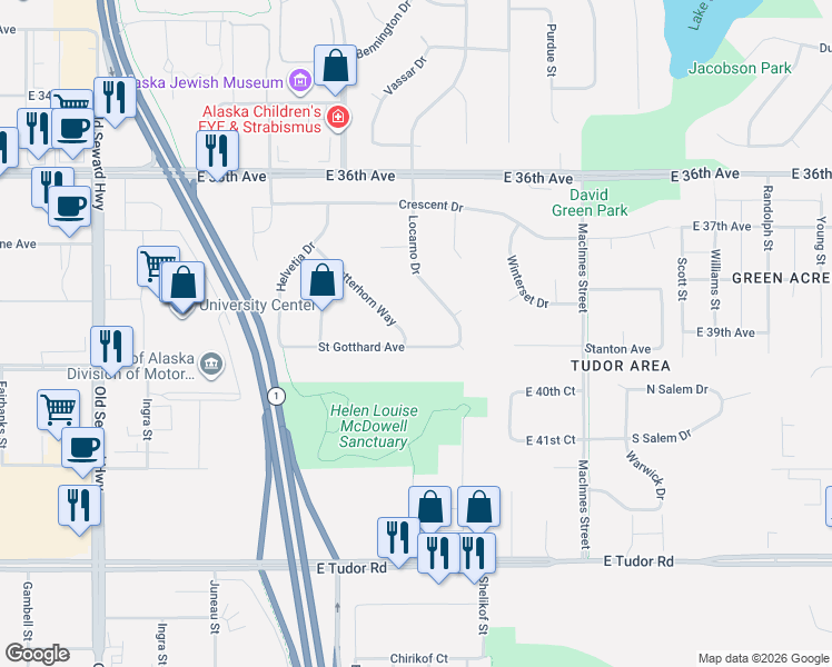 map of restaurants, bars, coffee shops, grocery stores, and more near 1417 Saint Gotthard Avenue in Anchorage