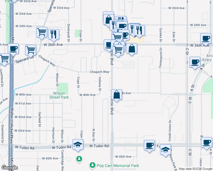 map of restaurants, bars, coffee shops, grocery stores, and more near 3838 Indiana Street in Anchorage