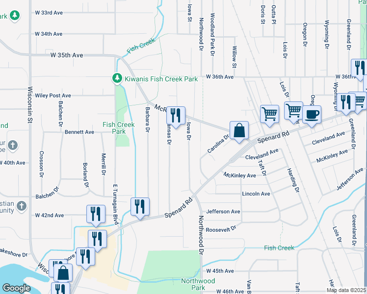 map of restaurants, bars, coffee shops, grocery stores, and more near 3806 Iowa Drive in Anchorage
