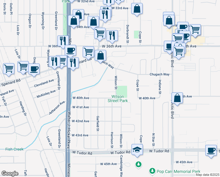 map of restaurants, bars, coffee shops, grocery stores, and more near 1303 W 39th Pl in Anchorage
