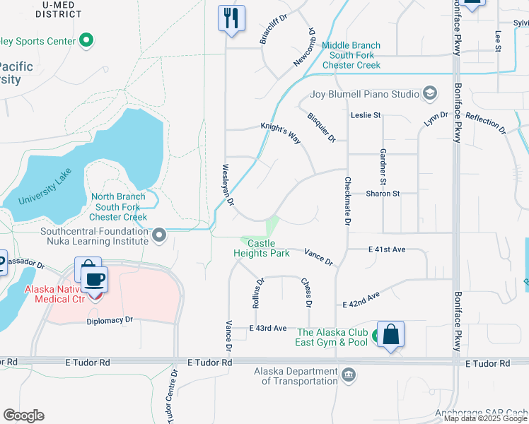 map of restaurants, bars, coffee shops, grocery stores, and more near 4873 Wesleyan Drive in Anchorage