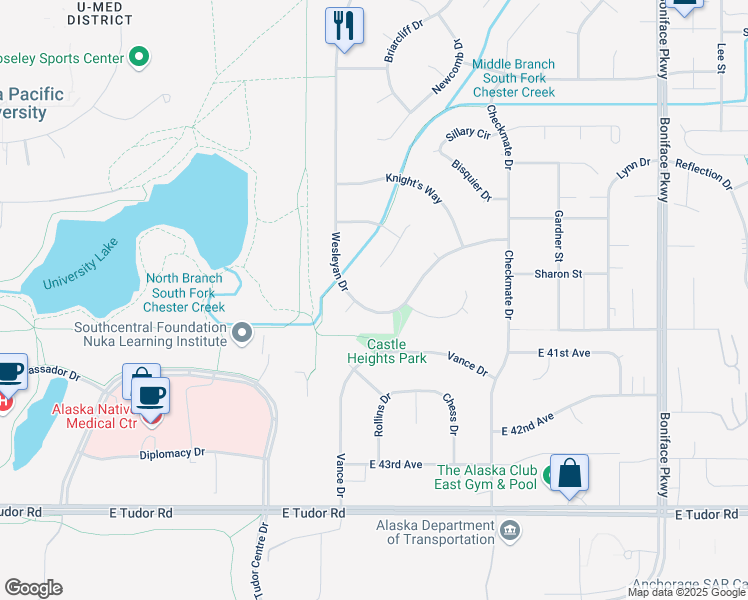 map of restaurants, bars, coffee shops, grocery stores, and more near 4873 Wesleyan Drive in Anchorage