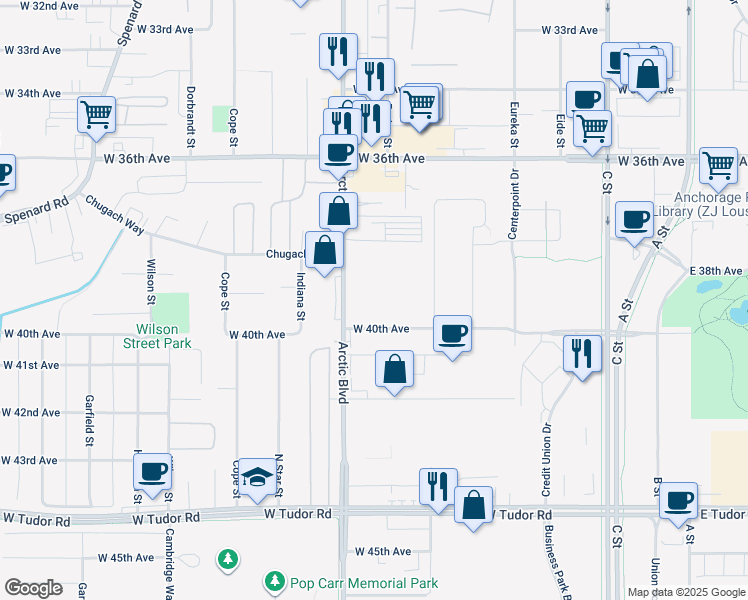 map of restaurants, bars, coffee shops, grocery stores, and more near 3909 Arctic Boulevard in Anchorage
