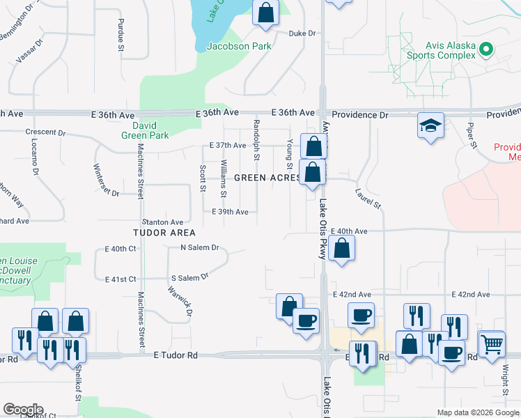 map of restaurants, bars, coffee shops, grocery stores, and more near 2050 East 39th Avenue in Anchorage
