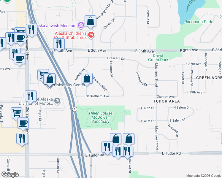map of restaurants, bars, coffee shops, grocery stores, and more near 1417 Saint Gotthard Avenue in Anchorage