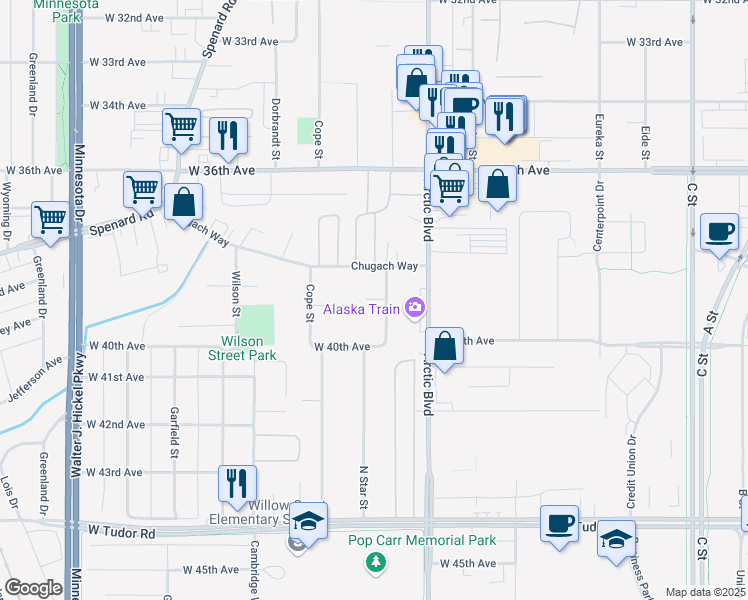 map of restaurants, bars, coffee shops, grocery stores, and more near 3820 Indiana Street in Anchorage