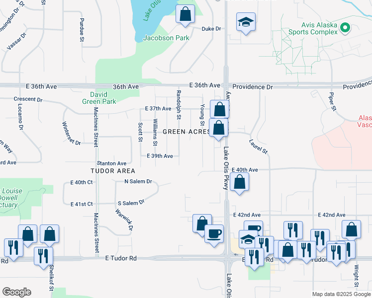 map of restaurants, bars, coffee shops, grocery stores, and more near 3910 Young Street in Anchorage