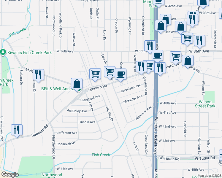 map of restaurants, bars, coffee shops, grocery stores, and more near 3808 Lois Drive in Anchorage