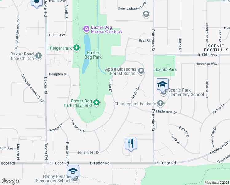 map of restaurants, bars, coffee shops, grocery stores, and more near 3948 Lunar Drive in Anchorage