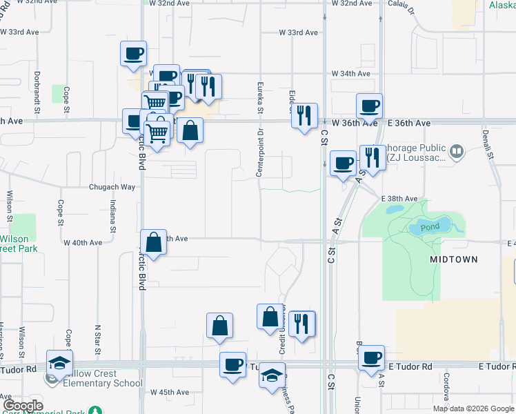 map of restaurants, bars, coffee shops, grocery stores, and more near 3800 Centerpoint Drive in Anchorage
