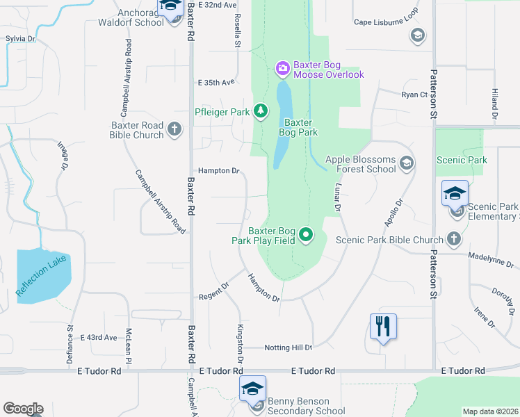 map of restaurants, bars, coffee shops, grocery stores, and more near Baxter Bog Trail in Anchorage