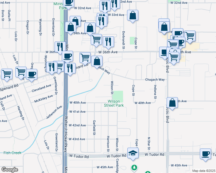 map of restaurants, bars, coffee shops, grocery stores, and more near 1303 West 39th Place in Anchorage