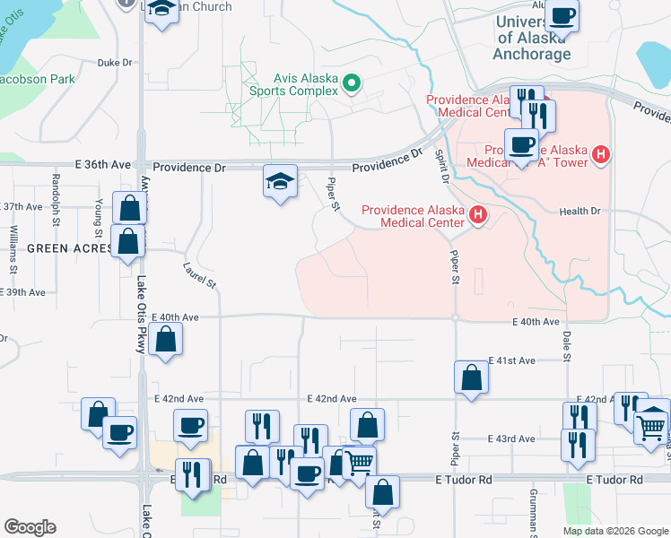 map of restaurants, bars, coffee shops, grocery stores, and more near 3700 Piper Street in Anchorage