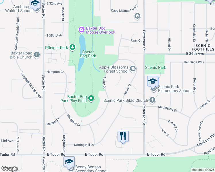 map of restaurants, bars, coffee shops, grocery stores, and more near 3948 Lunar Drive in Anchorage