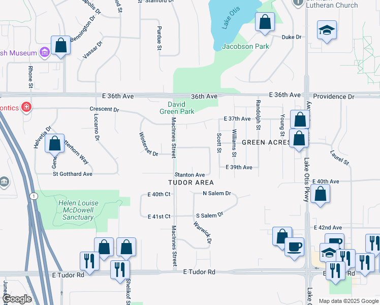 map of restaurants, bars, coffee shops, grocery stores, and more near 3911 Dunsmuir Court in Anchorage