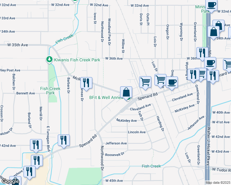 map of restaurants, bars, coffee shops, grocery stores, and more near 2311 McRae Road in Anchorage