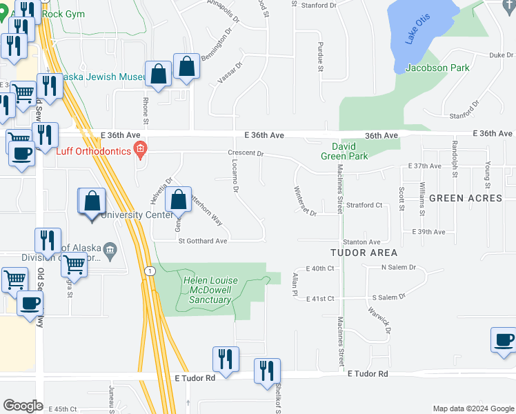 map of restaurants, bars, coffee shops, grocery stores, and more near 3915 Locarno Drive in Anchorage