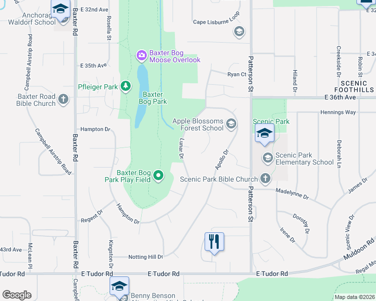 map of restaurants, bars, coffee shops, grocery stores, and more near 3823 Lunar Drive in Anchorage