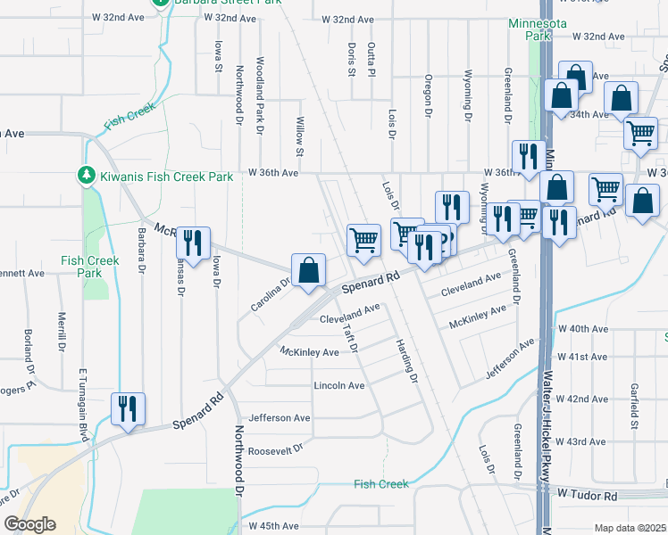 map of restaurants, bars, coffee shops, grocery stores, and more near 3700 Woodland Drive in Anchorage