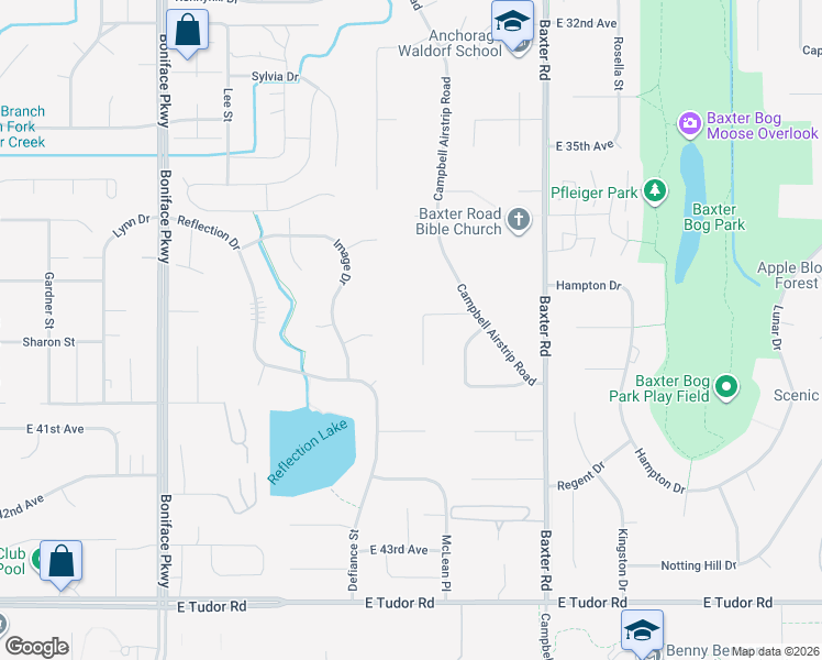 map of restaurants, bars, coffee shops, grocery stores, and more near 5939 East 38th Court in Anchorage