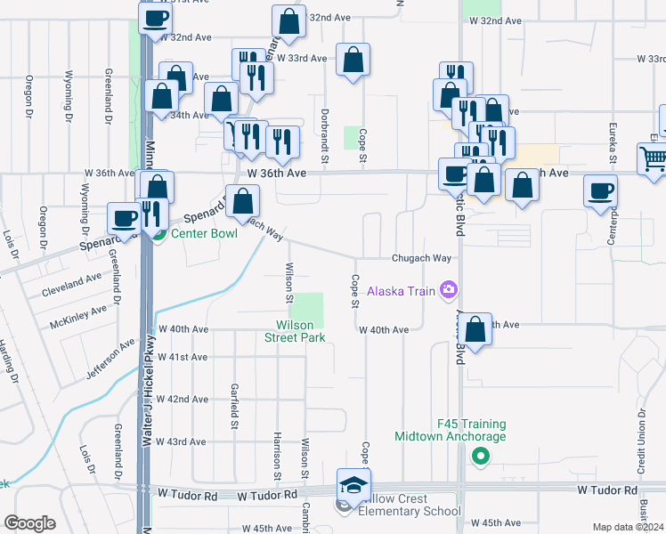 map of restaurants, bars, coffee shops, grocery stores, and more near 1109 Chugach Way in Anchorage