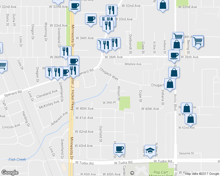 map of restaurants, bars, coffee shops, grocery stores, and more near 1207 Chugach Way in Anchorage