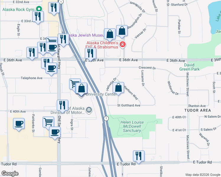 map of restaurants, bars, coffee shops, grocery stores, and more near 3818 Helvetia Drive in Anchorage