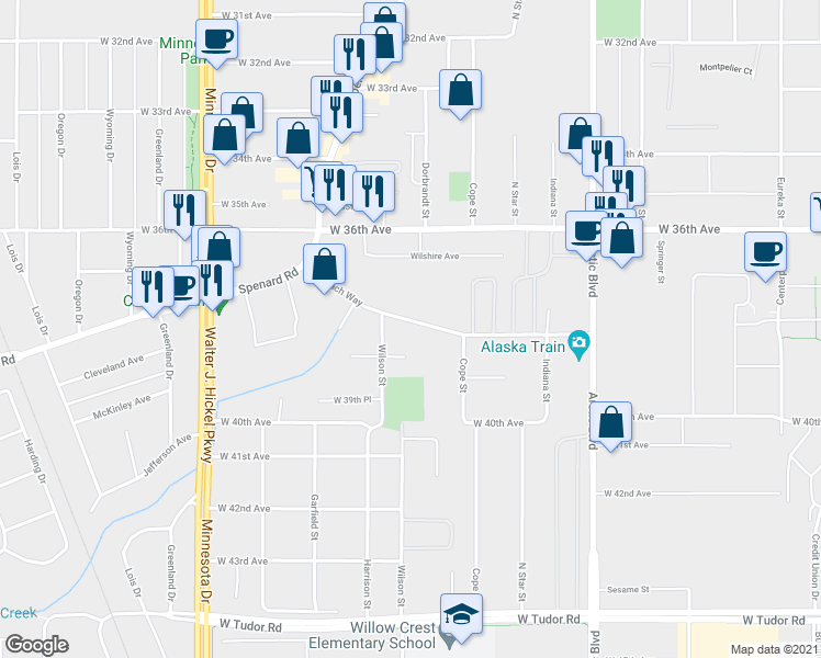 map of restaurants, bars, coffee shops, grocery stores, and more near 1117 Chugach Way in Anchorage