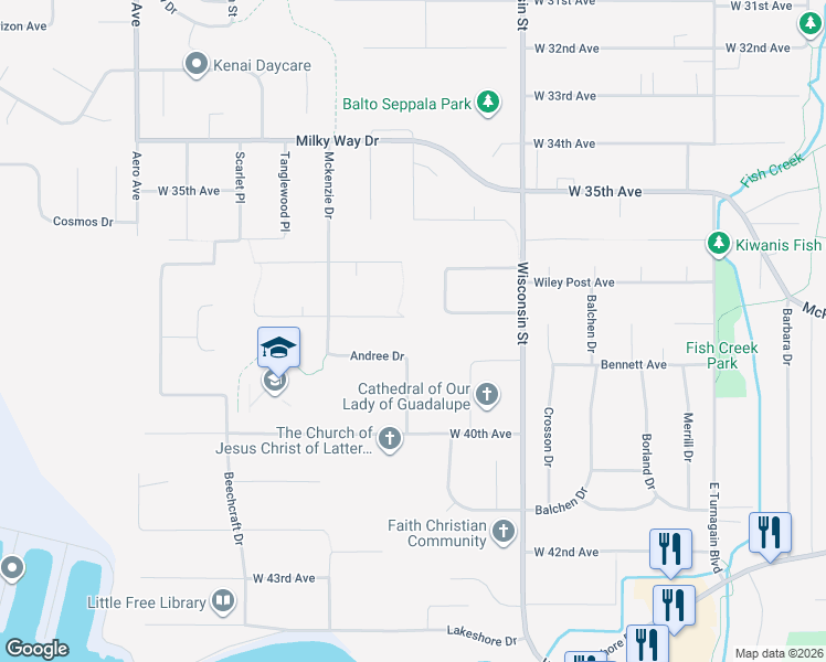 map of restaurants, bars, coffee shops, grocery stores, and more near 3424 Grissom Circle in Anchorage