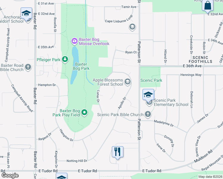 map of restaurants, bars, coffee shops, grocery stores, and more near 6950 Laser Drive in Anchorage