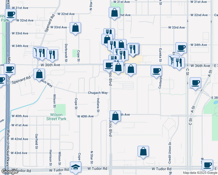 map of restaurants, bars, coffee shops, grocery stores, and more near 3620 Arctic Boulevard in Anchorage