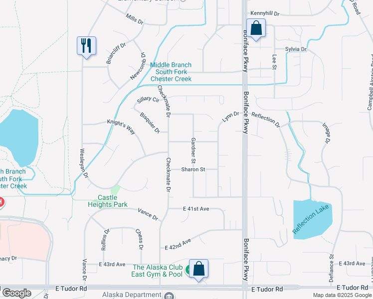 map of restaurants, bars, coffee shops, grocery stores, and more near 3711 Checkmate Drive in Anchorage