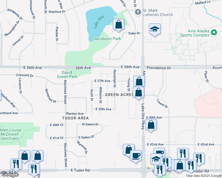map of restaurants, bars, coffee shops, grocery stores, and more near 3728 Randolph St in Anchorage