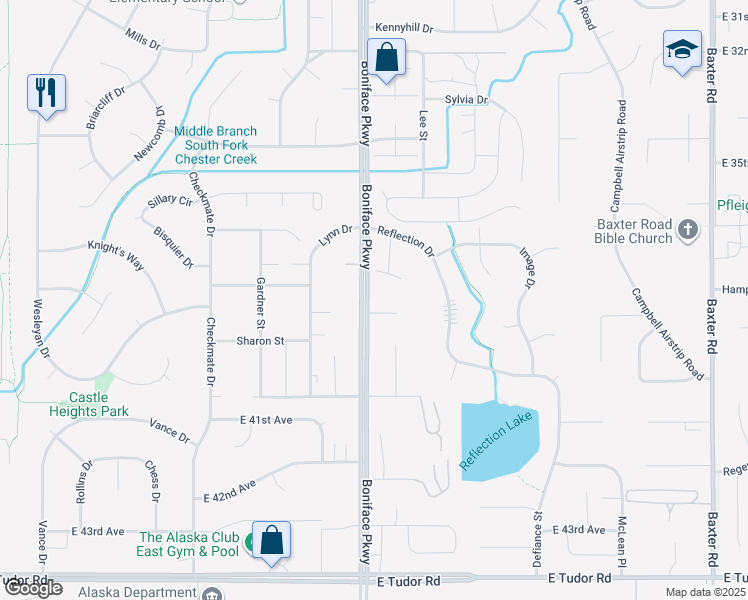 map of restaurants, bars, coffee shops, grocery stores, and more near 5503 East 38th Court in Anchorage