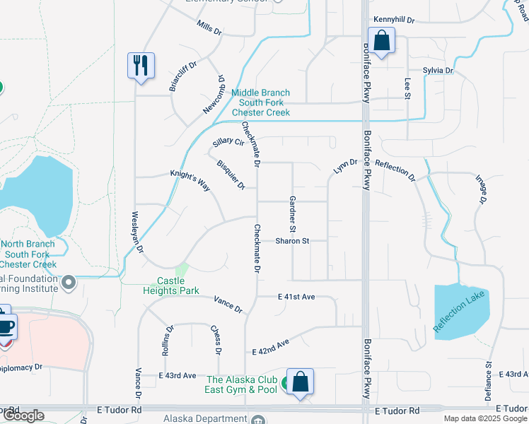 map of restaurants, bars, coffee shops, grocery stores, and more near 3711 Checkmate Drive in Anchorage
