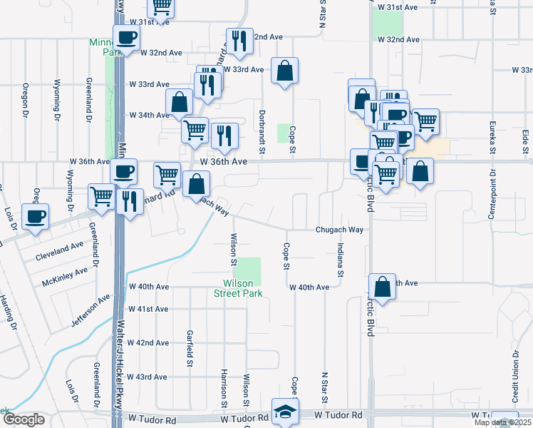 map of restaurants, bars, coffee shops, grocery stores, and more near 1109 Chugach Way in Anchorage