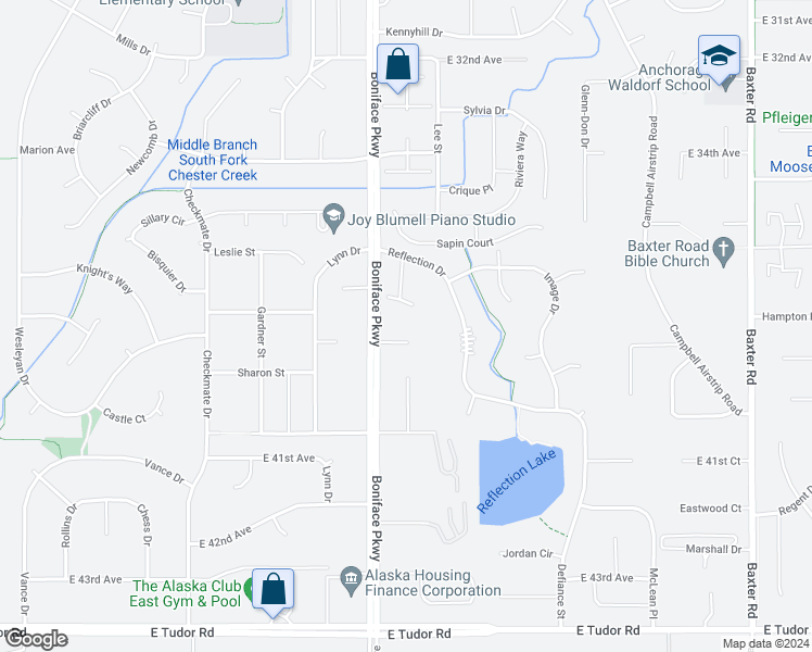 map of restaurants, bars, coffee shops, grocery stores, and more near 5521 East 38th Court in Anchorage