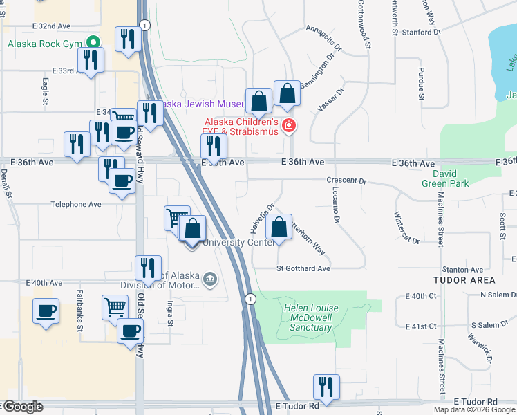 map of restaurants, bars, coffee shops, grocery stores, and more near 3818 Helvetia Drive in Anchorage